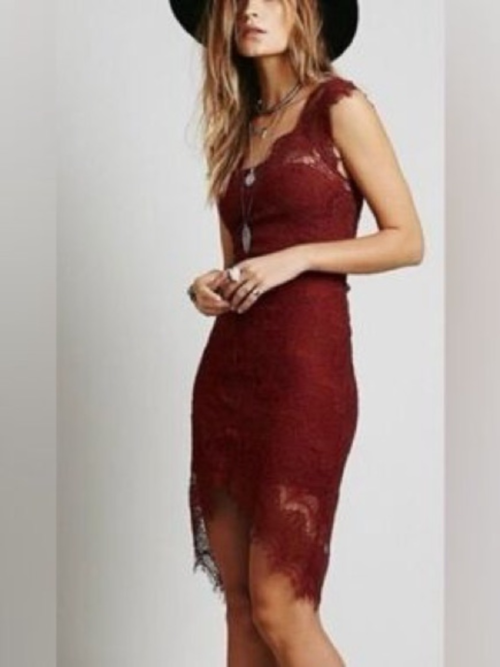 Intimately Free People Large Peek-A-Boo Lace Burgundy Slip Dress
